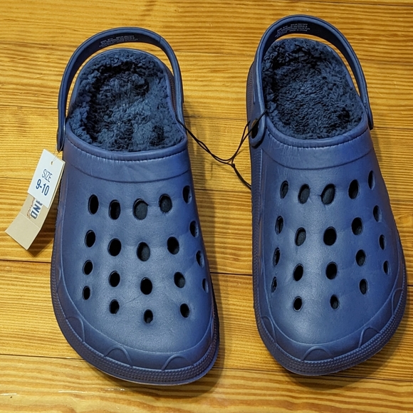 Men's Navy Blue Fur Sherpa Lined Clogs With Back Straps, Size 9-10, New With Tag - Picture 1 of 6